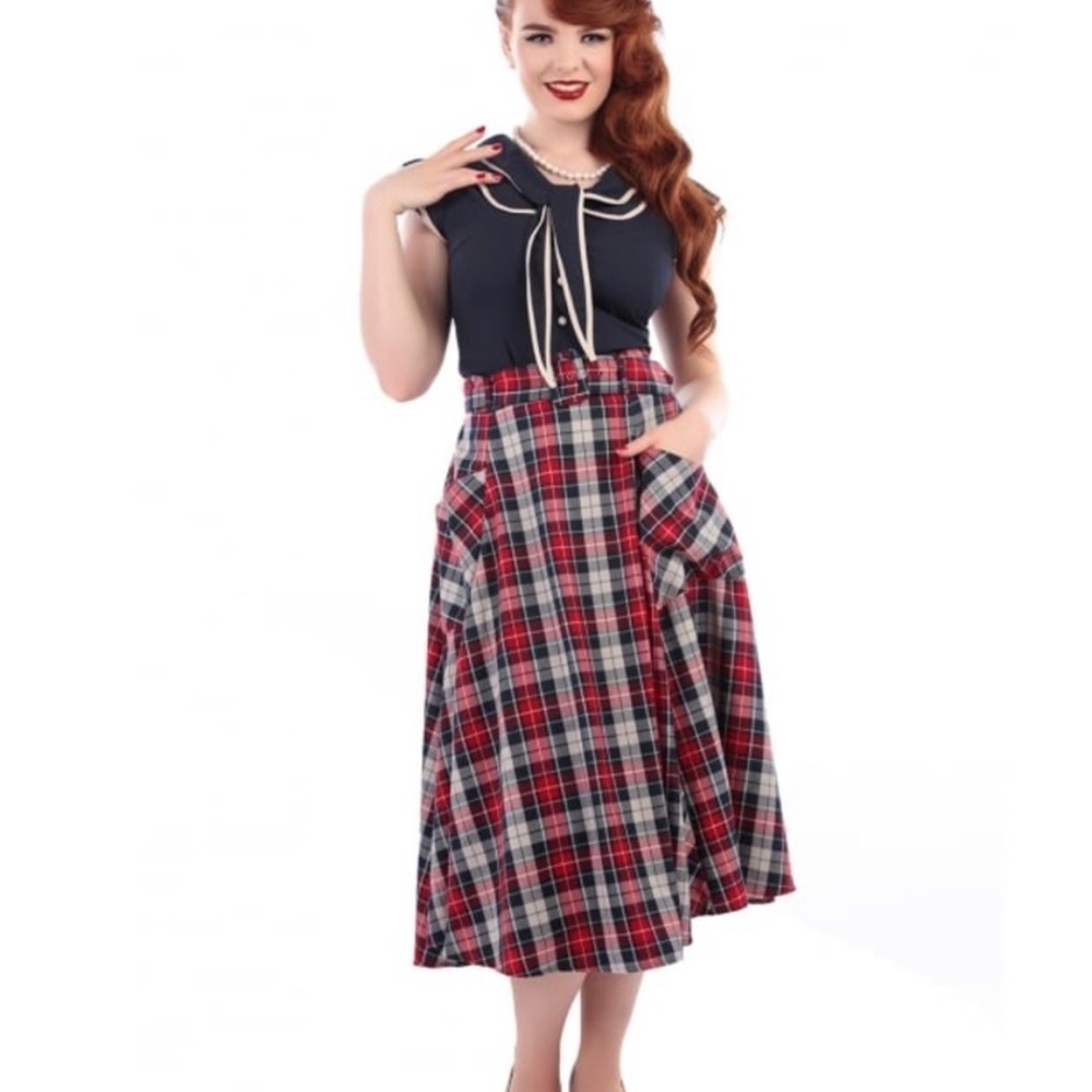 Collectif blue, red and cream tartan Sherwood circle skirt. UK12. USA-M